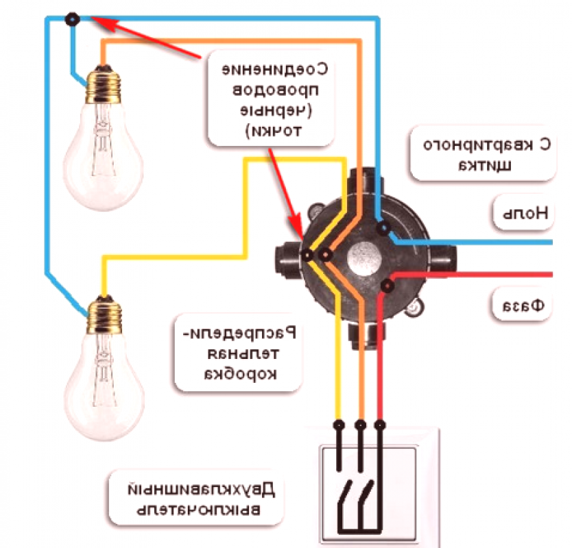 Схема подключения выключателя к лампочке с распределительной